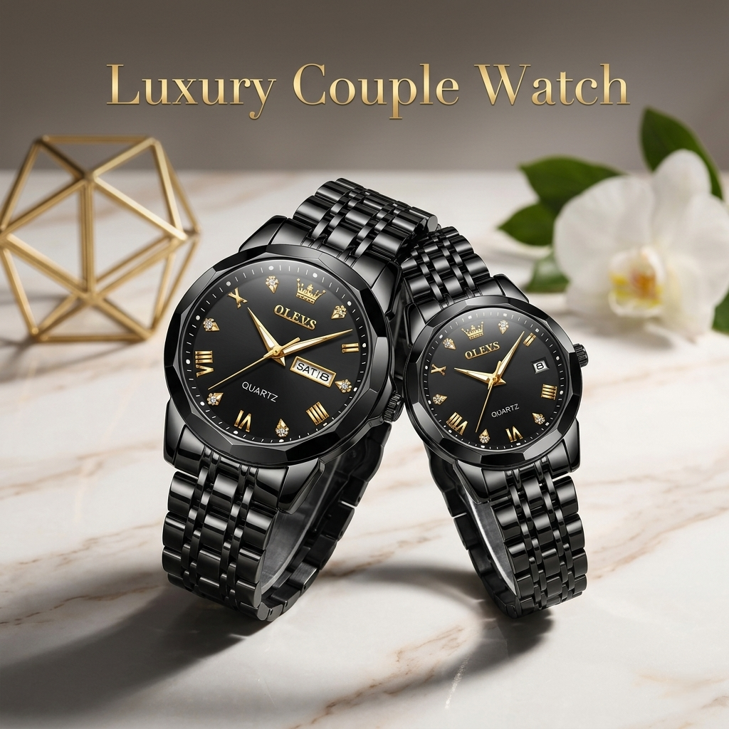 Butter Fly Lock Olievs Stainless Steel fashionable Couple watches +1pcs chain cutter+ 2 pcs battery Full Black
